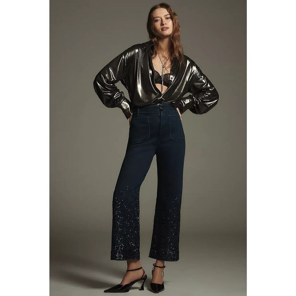 NWT Maeve The Colette Cropped HR Wide-Leg Jeans Sz 24Tall Sequin Sparkle #7D554